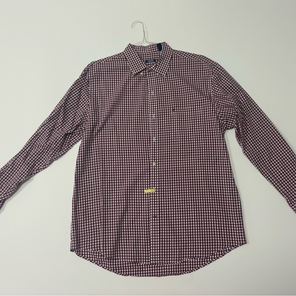 IZOD Men’s Dress Shirt Size Large – Burgundy Gingham Check Long Sleeve